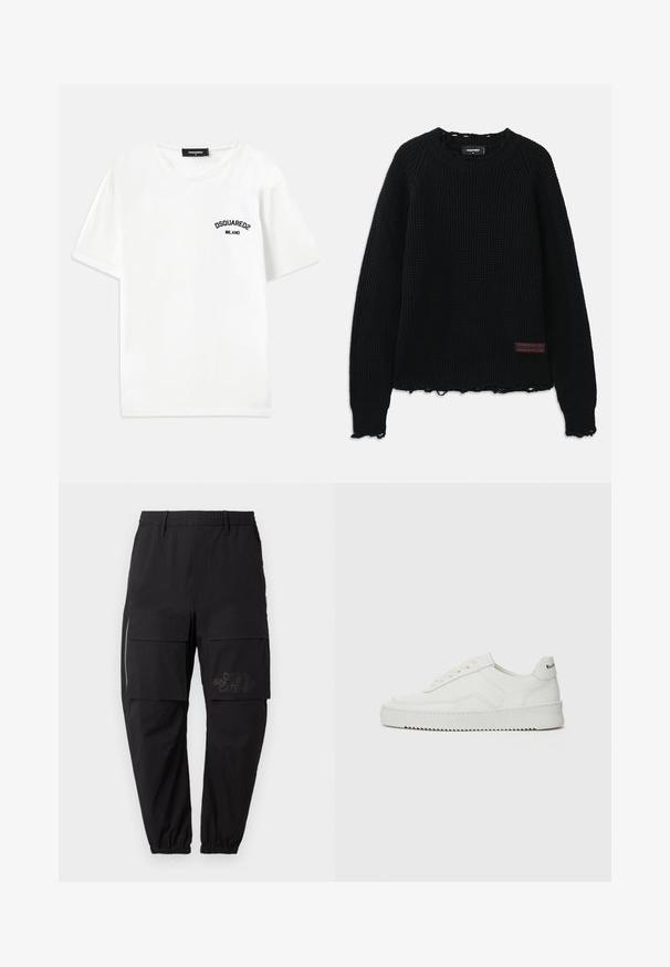 Crni džemper od vaflastog pletenja s okruglim izrezom, rebrastim manžetama, izgužvanim rubom i malim smešnim kožnim logotipom na donjoj levoj strani.; Bijela pamučna majica s okruglim izrezom, kratkim rukavima i crnim vezom s natpisom "DSQUARED2 MILANO" na lijevoj strani prsnog dijela.; Crne cargo hlače s elastičnim pojasom, koje imaju više bočnih džepova, detalj na zatvarač i suptilan otisak loga na bedru.; Bijele kožne tenisice s glatkom površinom, okruglim vrhom, ravnim vezicama i teksturiranom potplatom. Imaju suptilan logo na peti.