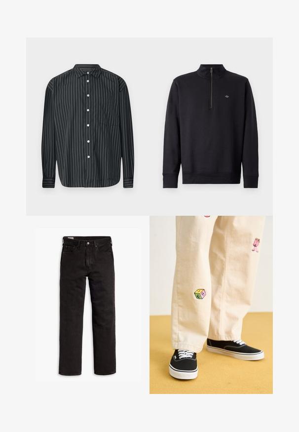 Mustmust, millel on kõrge kaelus ja veerandzip. Omab pikki varrukasid ning diskreetset logo rinnal. Sile kangatekstuur.; Must mustriga nupuga särk, millel on õhukesed valged vertikaalsed triibud, üks rinna tasku, sile kangas ja klassikaline krae disain.; Mustad sirgedega teksapüksid viie taskuga, nööpidega kinnitamine ja vöökohaga, lamab tasasele valgele taustale.; Bežistestased püksid, millel on mängulised tikandid, sealhulgas roosa tegelane ja värvikad plokid, koos mustade nöörkingadega.