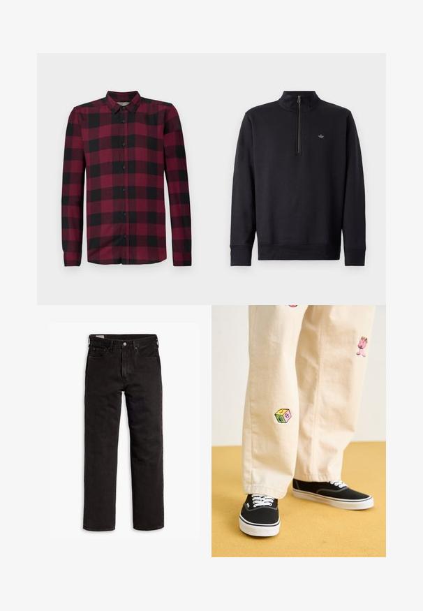 Felpa nera con colletto alto e zip a un quarto. Caratterizzata da maniche lunghe e un logo discreto sul petto. Texture del tessuto liscia.; Camicia a maniche lunghe con motivo a quadri rosso e nero, colletto classico e polsi aderenti.; Jeans in denim neri a gamba dritta con cinque tasche, chiusura a bottone e passanti per cintura, adagiati su uno sfondo bianco.; Pantaloni di cotone beige con divertenti ricami che includono un personaggio rosa e un blocco colorato, abbinati a sneaker nere con lacci.