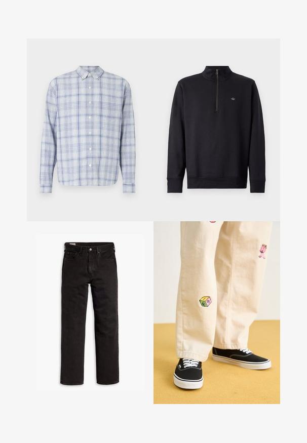 Black sweatshirt with a high collar and a quarter zip. Features long sleeves and a subtle logo on the chest. Smooth fabric texture.; Long-sleeve button-up shirt in light blue and white checkered pattern. Features a classic collar and soft, textured fabric.; Levi's® 568® LOOSE STRAIGHT - Loose Jeans - welcome to the rodeo; Beige cotton pants with playful embroidered designs including a pink character and colored block, paired with black lace-up sneakers.