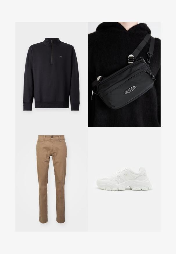 Black sweatshirt with a high collar and a quarter zip. Features long sleeves and a subtle logo on the chest. Smooth fabric texture.; DOCKERS ALPHA SKINNY - Chinos - brown; White athletic sneakers featuring a mesh upper with leather accents, textured rubber sole, and a chunky design with notable contours.; Black nylon crossbody bag with adjustable strap, featuring a smooth texture, a front zipper pocket, and a logo accent.