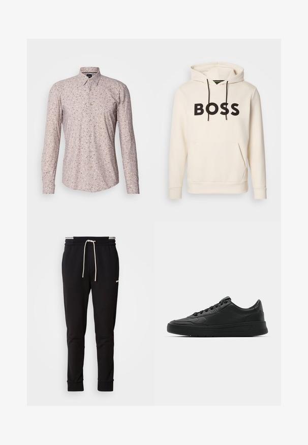 Krém színű kapucnis pulóver fekete "BOSS" felirattal a mellrészen, fekete húzózsinórokkal és egy elülső kenguruzsebbek.; Rózsaszín hosszú ujjú ing, kis, többszínű mintázattal, gombos gallérral és elülső gombos záródással. Sima szövet textúra.; Fekete, slim-fit jogger nadrág fehér húzózsinórral, bordás mandzsettákkal és diszkrét logóval a comb felső részén, egyszínű háttér előtt.; Fekete sneaker sima bőr felsőrésszel, kerek orral, lapos fűzőkkel, párnázott nyakkal és minimalista dizájnnal. Gumi talp finom profillal.
