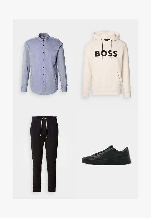 Kreminės spalvos džemperis su juodu "BOSS" tekstu ant krūtinės, juodomis pavadėlėmis ir priekinėmis kengūros kišenėmis.; Šviesiai mėlynos spalvos marškiniai su užsegimu, turintys juostinį apykaklę, ilgomis rankovėmis ir tamsiai mėlynais mygtukais. Minkšta tekstūra su subtiliu raštu.; Juodi siauri džinsai su balta raišteliu, viršutinėje šlaunies dalyje su subtiliu logotipu, ant vienalytės fono.; Juodi sportiniai batai su lygia odine viršutine dalimi, apvaliu pirštu, plokščiomis raišteliais, pagaminta su paminkštinta apykakle ir minimalizmo dizainu. Guma padais su subtilia protektoriaus raštu.