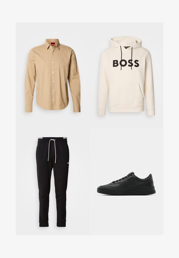 Crème kleurige hoodie met zwarte "BOSS" tekst op de borst, zwarte trekkoorden en een handige buidelzak aan de voorkant.; Beige langemouwen shirt van katoen, met een button-down kraag, knopen aan de voorkant en een rood logo-label aan de zijkant. Soepele textuur.; Zwarte slim-fit joggerbroek met witte trekkoord, ribgebreide boorden en subtiele logo op de bovenbenen, tegen een effen achtergrond.; Zwarte sneaker met een glad leren bovenwerk, ronde neus, platte veters, gewatteerde kraag en minimalistisch design. Rubberen zool met een subtiel profiel.