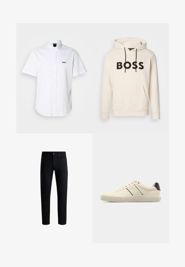 Crème kleurige hoodie met zwarte "BOSS" tekst op de borst, zwarte trekkoorden en een handige buidelzak aan de voorkant.; Witte korte mouw shirt gemaakt van katoen, met een button-down kraag en een zwart "BOSS" logo op de linkerkant van de borst. Gladde textuur.; Zwarte slim-fit jeans met vijf zakken, knoopsluiting en riemlussen, tegen een witte achtergrond gepresenteerd.; Crème-kleurige sneakers met een gladde textuur, voorzien van zwarte accenten en branding. Tijdloos vetersysteem met een ronde neus en rubberen zool.