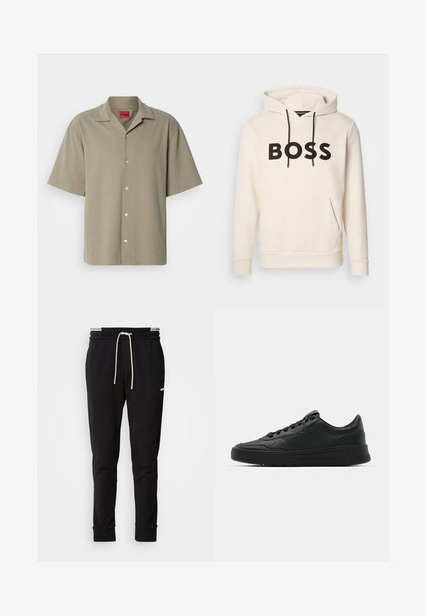 Helle Hoodie in Cremefarbe mit schwarzem "BOSS"-Text auf der Brust, schwarzen Kordelzügen und einer frontalen Kängurutasche.; Khakifarbenes Kurzarmhemd mit Knopfleiste, weicher Textur, Schlitzkragen und eingeprägtem Logo. Klassisches Design mit lockerer Passform.; Schwarzere Slim-Fit-Jogginghose mit weißem Kordelzug, gerippten Bündchen und subtilen Logo am Oberschenkel auf einem schlichten Hintergrund.; Schwarze Sneaker mit glattem Lederobermaterial, runder Zehenpartie, flachen Schnürsenkeln, gepolstertem Kragen und minimalistischem Design. Gummisohle mit subtiler Profilierung.