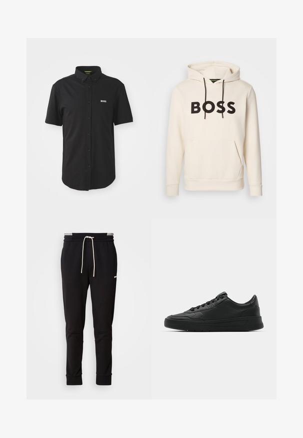 Kermakuvioinen huppari, jossa musta "BOSS" -teksti rinnassa, mustat narut ja etupuolella kengurupocket.; Musta lyhythihainen paita, jossa on nappisuljenta ja terävä kaulus. Vasemmassa rinta-alueessa on valkoinen "BOSS"-logo. Valmistettu sileästä kankaasta.; Musta slim-fit juoksuhousut valkoisella nauhalla, ribbireunat ja hillitty logo ylemmässä reidessä tasaisella taustalla.; Mustat lenkkitossut, joissa on sileä nahkapäällinen, pyöreä kärki, tasaiset nauhat, pehmustettu nilkka ja minimalistinen muotoilu. Kumia pohja, jossa on hillitty urakuvio.