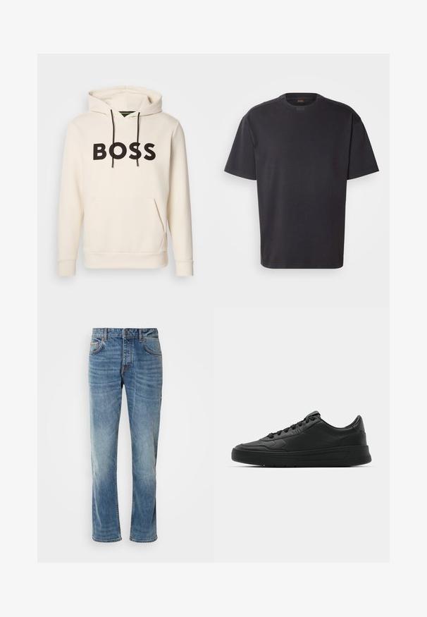 Kreemivärvi kapuutsiga särk, millel on must "BOSS" tekst rinna peal, mustad nöörid ja esine tasku.; Mustad lühikeste varrukatega must T-särk, mis on valmistatud puuvillast, ümarate kaelustega ja peene brändinguga krael. Sile tekstuur ja mugav lõige.; Heledad sinised teksad sirgete jalgadega, viie taskuga, kontrastsete õmblustega ja pleekinud viimistlusega. Omab nööpi ja tõmblukku.; Mustmustel musta nahast ülemise osaga, ümmarguse varbaga, lamest paeltega, pehmendatud kaeluse ja minimalistliku disainiga. Kummist tald, millel on peen tihenemine.