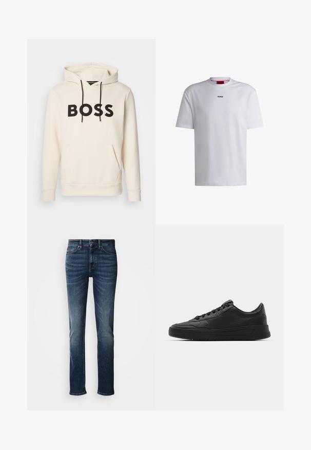 Krēmkrāsas kapuce ar melnu "BOSS" tekstu uz krūtīm, melniem auklām un priekšējo kangaru kabatu.; Balta kokvilnas T-kreklu ar īsām piedurknēm, apaļu kakla izmēru un melnu "HUGO" logo uz krūtīm. Gluda tekstūra, ikdienišķs piegriezums, bez rakstiem.; Tumši zilas džinsa bikses ar klasisku taisnu kāju griezumu, ar standarta jostasvietu, pogu aizdari un smalku izbalēšanu augšstilbu rajonā.; Melnās kedas ar gludu ādas augšpusi, apaļu purngalu, plakaniem šņorēm, mīkstinātu apkakli un minimālistisku dizainu. Gumijas zole ar smalku rakstu.