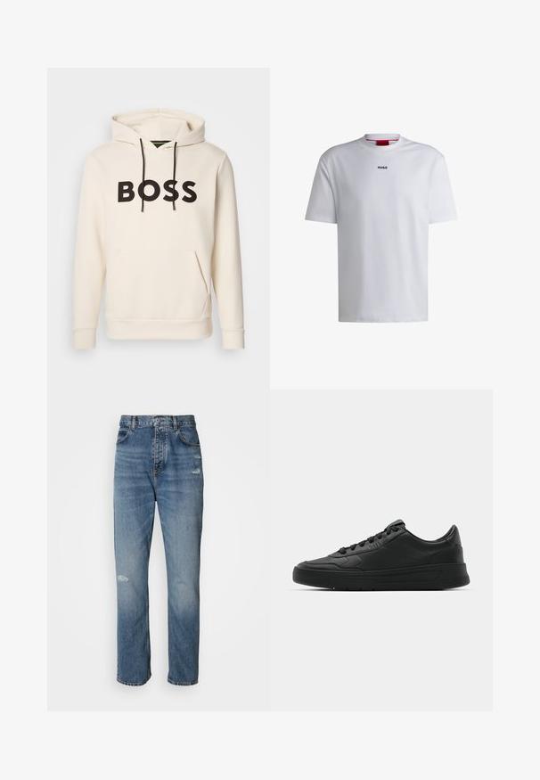 Sweatshirt creme com o texto "BOSS" em preto no peito, cordões pretos e um bolso tipo canguru na frente.; T-shirt branca de algodão com mangas curtas, decote redondo e um logo preto "HUGO" no peito. Textura suave, corte casual, sem padrões.; Jeans de denim azul claro com um design de perna reta, apresentando fecho de botão e zip, cinco bolsos e detalhes desgastados perto do joelho.; Sapatilha preta com parte superior em couro liso, bico arredondado, cadarços planos, colarinho almofadado e design minimalista. Sola de borracha com padrão de tração discreto.