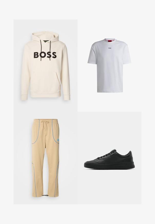 Sweatshirt creme com o texto "BOSS" em preto no peito, cordões pretos e um bolso tipo canguru na frente.; T-shirt branca de algodão com mangas curtas, decote redondo e um logo preto "HUGO" no peito. Textura suave, corte casual, sem padrões.; HUGO NIPIPEPANT - Calças de fato de treino - medium beige; Sapatilha preta com parte superior em couro liso, bico arredondado, cadarços planos, colarinho almofadado e design minimalista. Sola de borracha com padrão de tração discreto.