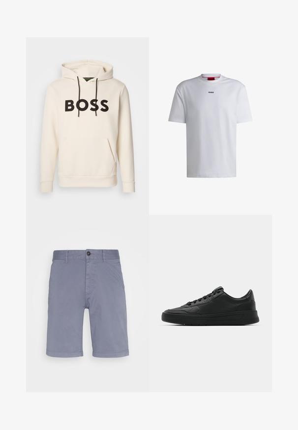 Krémová mikina s kapucňou a čiernym textom "BOSS" na hrudi, čiernymi šnúrkami a prednou kengurou vreckom.; Biely bavlnený tričko s krátkymi rukávmi, okrúhlym výstrihom a čiernym logom "HUGO" na hrudi. Hladký povrch, voľný strih, bez vzorov.; BOSS Šortky - navy; Čierne tenisky s hladkým koženým zvrškom, okrúlym špičkou, plochými šnúrkami, polstrovaným golierom a minimalistickým dizajnom. Gumená podrážka s jemným vzorom behúňa.