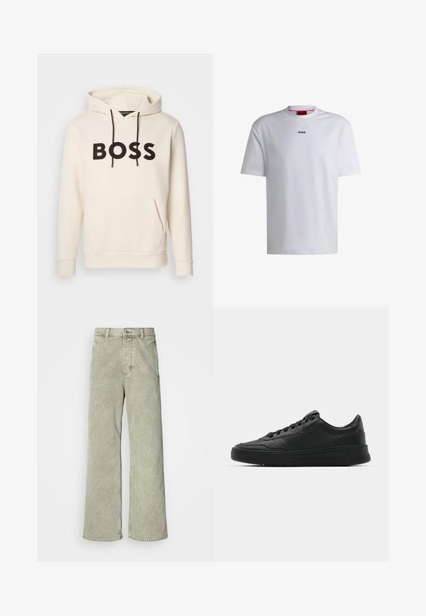 Krēmkrāsas kapuce ar melnu "BOSS" tekstu uz krūtīm, melniem auklām un priekšējo kangaru kabatu.; Balta kokvilnas T-kreklu ar īsām piedurknēm, apaļu kakla izmēru un melnu "HUGO" logo uz krūtīm. Gluda tekstūra, ikdienišķs piegriezums, bez rakstiem.; Gaiši zaļi platās kājas džinsi ar augstu jostasvietu, izgatavoti no denima, ar pogu aizdari un klasisko piecu kabatu dizainu.; Melnās kedas ar gludu ādas augšpusi, apaļu purngalu, plakaniem šņorēm, mīkstinātu apkakli un minimālistisku dizainu. Gumijas zole ar smalku rakstu.
