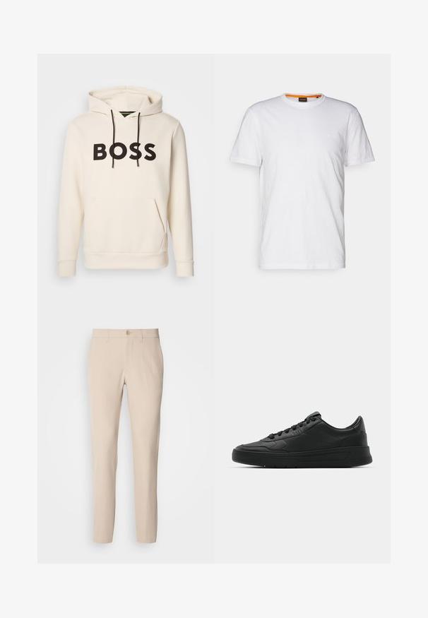 Kremfarget hettegenser med svart "BOSS" tekst på brystet, svarte snorer og en kengurulomme foran.; Hvit t-skjorte av bomull med rund hals, korte ermer og en subtil preget logo på brystet. Innvendig etikett har en oransje aksent.; Beige bukser laget av myk stoff, med knappelukking, rett snitt og sidelommer. Glatt tekstur med minimale sømdetaljer.; Sorte sneakers med glatt skinnøvre, rund tå, flate lisser, polstret krage og minimalistisk design. Gummisåle med subtilt mønster.