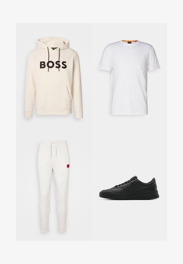 Kremfarget hettegenser med svart "BOSS" tekst på brystet, svarte snorer og en kengurulomme foran.; Hvit t-skjorte av bomull med rund hals, korte ermer og en subtil preget logo på brystet. Innvendig etikett har en oransje aksent.; Hvite sweatpants med snor i midjen, ribbede mansjetter og et rødt logo-patch på venstre lår. Myk stoffkvalitet og slim fit-design.; Sorte sneakers med glatt skinnøvre, rund tå, flate lisser, polstret krage og minimalistisk design. Gummisåle med subtilt mønster.