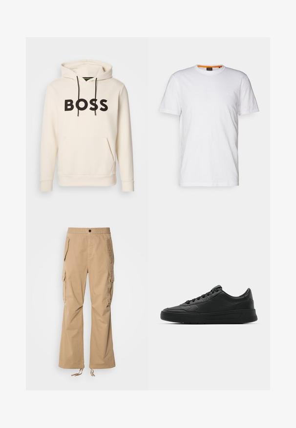 Kreemivärvi kapuutsiga särk, millel on must "BOSS" tekst rinna peal, mustad nöörid ja esine tasku.; Valge puuvillane T-särk ümmarguse kaelusega, lühikeste varrukatega ja rinna peal diskreetse reljeefse logoga. Siseetiketil on oranž detail.; Bežid cargo püksid elastse vöökohtaga, kahe suurte küljetaskuga ja reguleeritava nööriga hemis. Sile kangasteksts.; Mustmustel musta nahast ülemise osaga, ümmarguse varbaga, lamest paeltega, pehmendatud kaeluse ja minimalistliku disainiga. Kummist tald, millel on peen tihenemine.