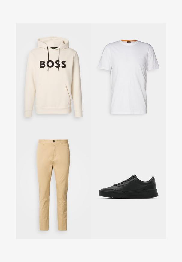 Kremna kapuca s črnim napisom "BOSS" na prsih, črnimi vrvicami ter sprednjim žepom v obliki kenguruja.; Bela bombažna majica s kratkimi rokavi in okroglim izrezom, z diskretnim reliefnim logotipom na prsih. Notranja oznaka ima oranžni akcent.; Beige chinos iz bombažne tkanine z gladko teksturo. Imajo zapiranje na gumb, zanke za pas in se zožujejo proti gležnju.; Črne superge z gladkim usnjenim zgornjim delom, okroglo konico, ravnimi vezalkami, oblazinjeno ovratnikom in minimalističnim dizajnom. Gumijast podplat z diskretnim profilom.