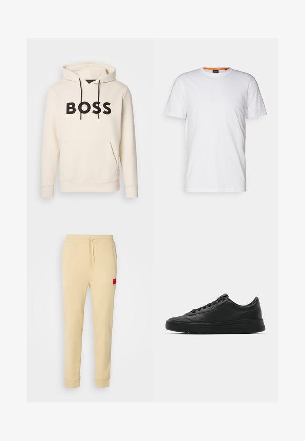 Helle Hoodie in Cremefarbe mit schwarzem "BOSS"-Text auf der Brust, schwarzen Kordelzügen und einer frontalen Kängurutasche.; Weißes Baumwoll-T-Shirt mit Rundhalsausschnitt, kurzen Ärmeln und einem dezenten geprägten Logo auf der Brust. Das Innenschild hat einen orangefarbenen Akzent.; Beige Jogginghosen aus weichem Stoff. Elastischer Bund mit Kordelzug, Seitentaschen, schmal zulaufende Beine und ein rotes Logopatch auf dem linken Oberschenkel.; Schwarze Sneaker mit glattem Lederobermaterial, runder Zehenpartie, flachen Schnürsenkeln, gepolstertem Kragen und minimalistischem Design. Gummisohle mit subtiler Profilierung.