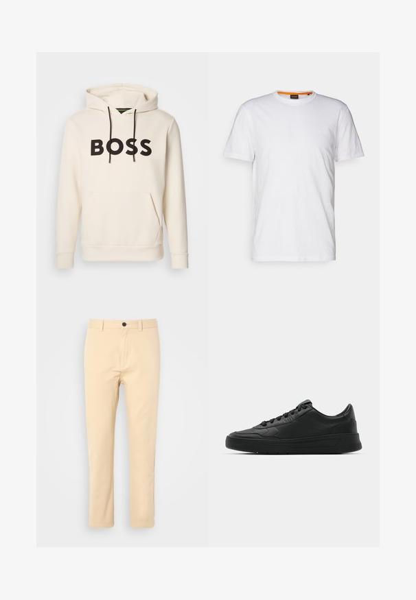 Kremasti dukserica s kapuljačom s crnim natpisom "BOSS" na prsima, crnim špagama i prednjim kengur čim džepom.; Bijela pamučna majica s okruglim izrezom, kratkim rukavima i suptilnim ugraviranim logom na prsima. Unutarnja oznaka ima narančasti akcent.; Kašmirne chinos hlače s ravnim krojem, zatvaranjem na gumb i prednjim džepovima. Glatka pamučna tkanina s minimalnom teksturom.; Crne tenisice s glatkom kožnom gornjištem, okruglim vrhom, ravnim vezicama, podstavljenim ovratnikom i minimalističkim dizajnom. Gumeni potplat s suptilnim uzorkom.