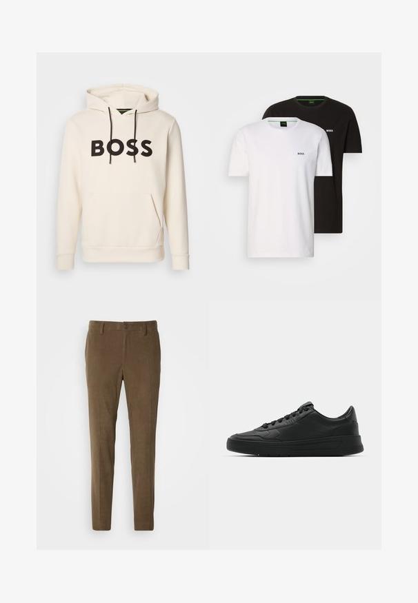 Cremefarvet hoodie med sort "BOSS" tekst på brystet, sorte snore og en front kangaroo lomme.; To store t-shirts i sort og hvid, med rund hals og et lille logo på brystet. Begge har korte ærmer og en lige pasform.; Brune fløjsbukser med en tætsiddende pasform, der har lynlås og knaplukning. Teksturen har tydelige ribbede mønstre over det hele.; Sort sneakers med glat læderoverdel, rund tå, flade snørebånd, polstret krave og minimalistisk design. Gummisål med subtilt mønster.