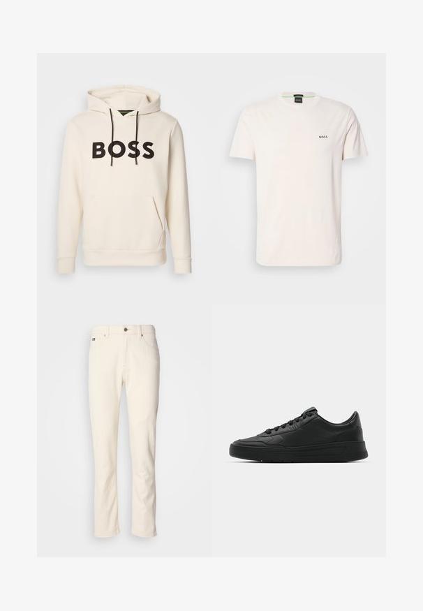 Krémová mikina s kapucňou a čiernym textom "BOSS" na hrudi, čiernymi šnúrkami a prednou kengurou vreckom.; Bavlnené tričko v off-white farbe s okrúhlym výstrihom. Na hrudi sa nachádza malé čierne logo "BOSS". Štandardný strih a krátke rukávy.; Biele rovné rifle s gombíkovým zapínaním, pútkami na opasok a prednými vreckami na jednoduchej pozadí.; Čierne tenisky s hladkým koženým zvrškom, okrúlym špičkou, plochými šnúrkami, polstrovaným golierom a minimalistickým dizajnom. Gumená podrážka s jemným vzorom behúňa.