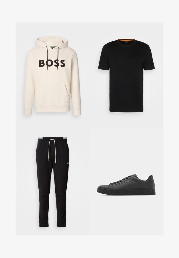Crème kleurige hoodie met zwarte "BOSS" tekst op de borst, zwarte trekkoorden en een handige buidelzak aan de voorkant.; Zwarte korte mouwen t-shirt gemaakt van zachte stof, met een ronde halslijn en een subtiel logo op de voorkant. Binnenkant van de kraag heeft een oranje accent.; Zwarte slim-fit joggerbroek met witte trekkoord, ribgebreide boorden en subtiele logo op de bovenbenen, tegen een effen achtergrond.; Zwarte sneaker met een gladde synthetische bovenkant, ronde neus, platte veters en een ribbelrubberen zool. Minimalistisch ontwerp, met gestikte accenten.
