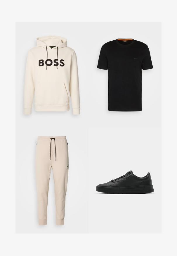 Krém színű kapucnis pulóver fekete "BOSS" felirattal a mellrészen, fekete húzózsinórokkal és egy elülső kenguruzsebbek.; Fekete, rövid ujjú póló, puha anyagból készült, kerek nyakkivágással és diszkrét logóval az elején. A nyakpánt belseje narancssárga díszítéssel rendelkezik.; Bézs pamut tréningnadrág, húzózsinórral a deréknál, szűkített fit, két oldalsó zseb, és egy kis címke a bal combon. Sima textúra.; Fekete sneaker sima bőr felsőrésszel, kerek orral, lapos fűzőkkel, párnázott nyakkal és minimalista dizájnnal. Gumi talp finom profillal.