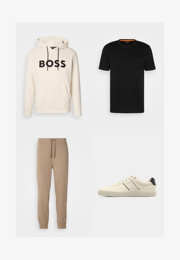 Cream-colored hoodie with black "BOSS" text on the chest, black drawstrings, and a front kangaroo pocket.; Black short-sleeve t-shirt made of soft fabric, featuring a round neckline and a subtle logo on the front. Inside collar has orange accent.; Beige cotton sweatpants with an elastic waist, drawstring, side pockets, and ribbed cuffs, featuring a smooth texture and tapered fit.; Cream-colored sneakers with a smooth texture, featuring black accents and branding. Classic lace-up design with a round toe and rubber sole.