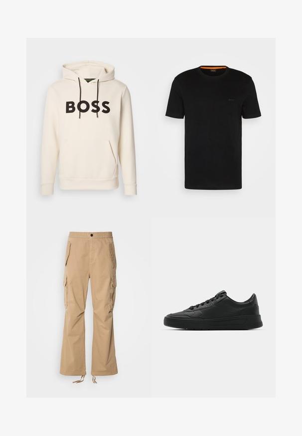 Cream-colored hoodie with black "BOSS" text on the chest, black drawstrings, and a front kangaroo pocket.; Black short-sleeve t-shirt made of soft fabric, featuring a round neckline and a subtle logo on the front. Inside collar has orange accent.; Beige cargo trousers with an elastic waistband, two large side pockets, and adjustable drawstrings at the hem. Smooth fabric texture.; Black sneaker with smooth leather upper, round toe, flat laces, cushioned collar, and minimalistic design. Rubber sole with subtle tread pattern.