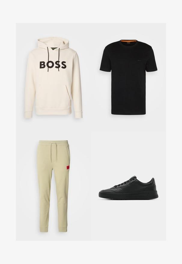 Crème kleurige hoodie met zwarte "BOSS" tekst op de borst, zwarte trekkoorden en een handige buidelzak aan de voorkant.; Zwarte korte mouwen t-shirt gemaakt van zachte stof, met een ronde halslijn en een subtiel logo op de voorkant. Binnenkant van de kraag heeft een oranje accent.; Lichtbeige sweatpants gemaakt van zachte stof, voorzien van een tailleband met trekkoord, zijzakken en een rood logo-patch op de rechterdij.; Zwarte sneaker met een glad leren bovenwerk, ronde neus, platte veters, gewatteerde kraag en minimalistisch design. Rubberen zool met een subtiel profiel.
