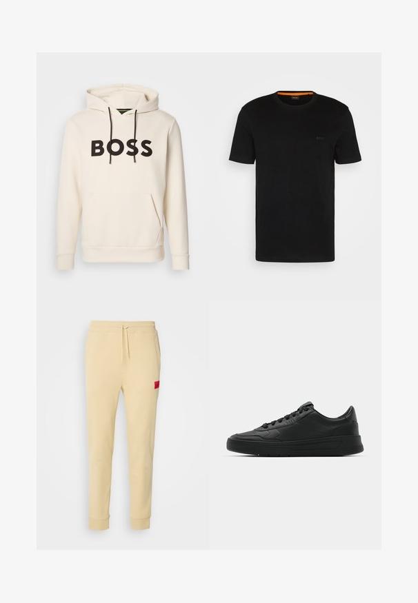 Cream-colored hoodie with black "BOSS" text on the chest, black drawstrings, and a front kangaroo pocket.; Black short-sleeve t-shirt made of soft fabric, featuring a round neckline and a subtle logo on the front. Inside collar has orange accent.; Beige jogger pants made of soft fabric. Elastic waistband with drawstring, side pockets, tapered legs, and a red logo patch on the left thigh.; Black sneaker with smooth leather upper, round toe, flat laces, cushioned collar, and minimalistic design. Rubber sole with subtle tread pattern.