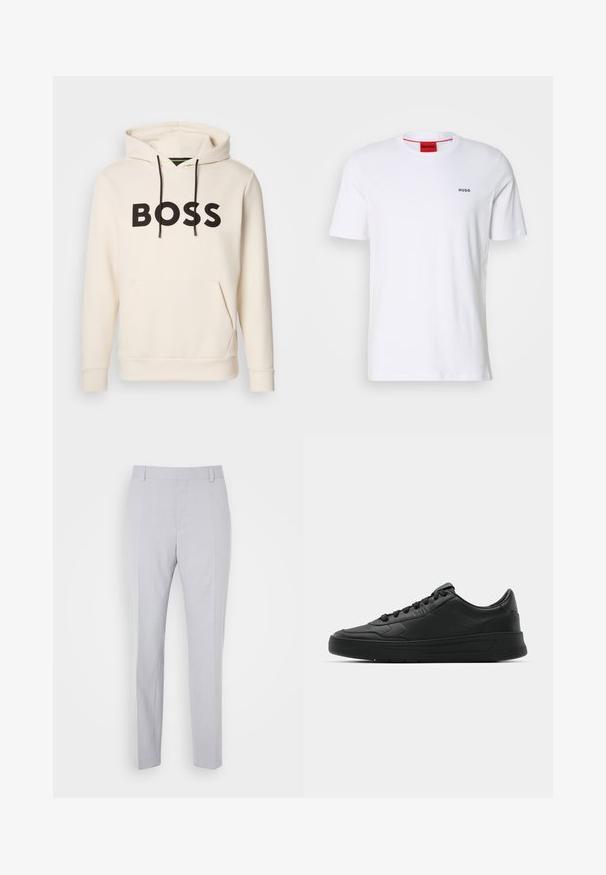 Krēmkrāsas kapuce ar melnu "BOSS" tekstu uz krūtīm, melniem auklām un priekšējo kangaru kabatu.; Balts kokvilnas T-krekls ar īsām piedurknēm, apaļu kakla izgriezumu un mazu melnu "HUGO" logo kreisajā krūtī. Iezīmēts ar sarkanu iekšējo kakla etiķeti.; Gai pelēki piegrieztie bikses ar gludu tekstūru, taisnu priekšpusi un taisnām kājām; iekļauj presētas krokas un jostu cilpas.; Melnās kedas ar gludu ādas augšpusi, apaļu purngalu, plakaniem šņorēm, mīkstinātu apkakli un minimālistisku dizainu. Gumijas zole ar smalku rakstu.