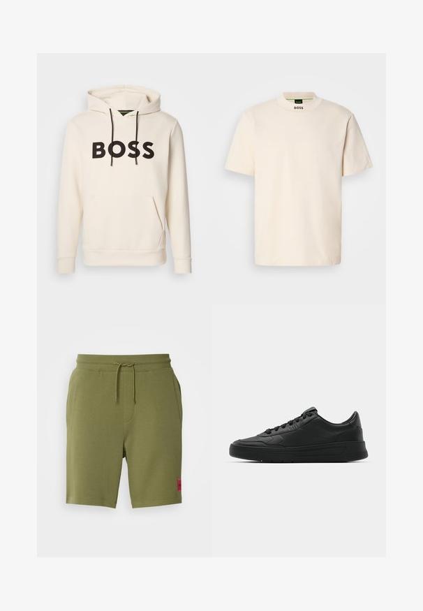 Krēmkrāsas kapuce ar melnu "BOSS" tekstu uz krūtīm, melniem auklām un priekšējo kangaru kabatu.; Krēmkrāsas īsām piedurknēm T-krekls ar augstu apkakli, uz kura priekšpuses un iekšējā etiketē ir melnā krāsā izdrukāts "BOSS".; HUGO DIZ - Treniņtērpa apakšdaļas - open green; Melnās kedas ar gludu ādas augšpusi, apaļu purngalu, plakaniem šņorēm, mīkstinātu apkakli un minimālistisku dizainu. Gumijas zole ar smalku rakstu.