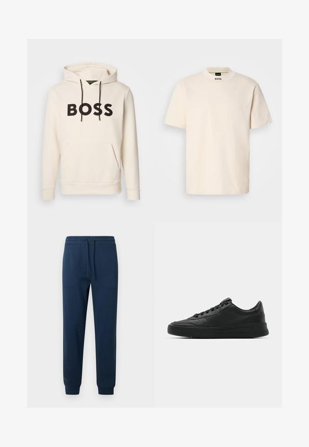Krämfärgad huvtröja med svart "BOSS"-text på bröstet, svarta dragsnören och en framficka i känguru-stil.; Krämfärgad kortärmad t-shirt med hög krage, med "BOSS" tryckt i svart på framsidan av halsringningen och inuti etiketten.; Mörkblå mjukisbyxor med elastisk midja, dragsko, sidofickor och ribbade muddar vid anklarna.; Svart sneaker med slät läderöverkänsla, rund tå, platta snören, vadderad krage och minimalistisk design. Gummisula med subtilt mönster.