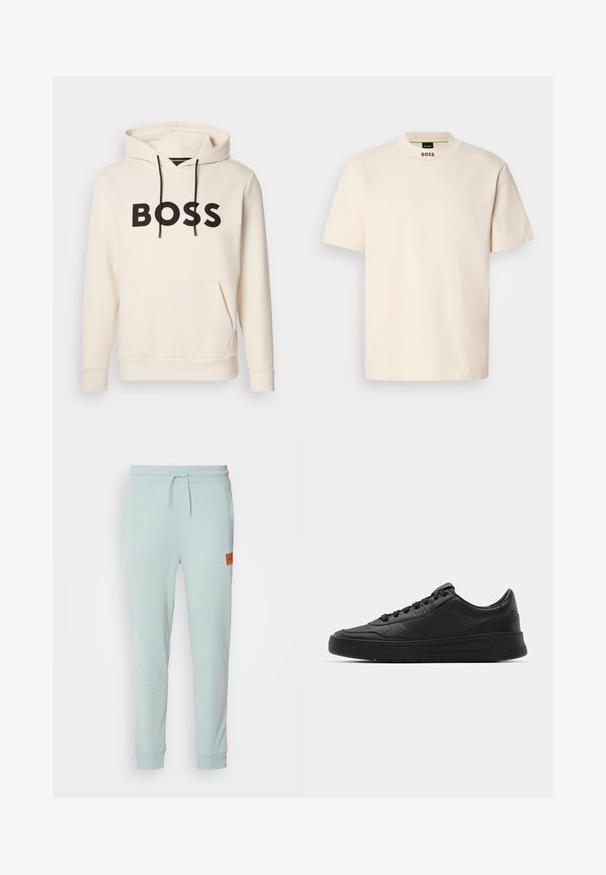 Helle Hoodie in Cremefarbe mit schwarzem "BOSS"-Text auf der Brust, schwarzen Kordelzügen und einer frontalen Kängurutasche.; Cremfarbener Kurzarm-T-Shirt mit hohem Kragen, auf dem die Aufschrift "BOSS" in Schwarz auf der Vorderseite des Halsausschnitts und im Etikett innen gedruckt ist.; HUGO DOAK - Jogginghose - open grey; Schwarze Sneaker mit glattem Lederobermaterial, runder Zehenpartie, flachen Schnürsenkeln, gepolstertem Kragen und minimalistischem Design. Gummisohle mit subtiler Profilierung.