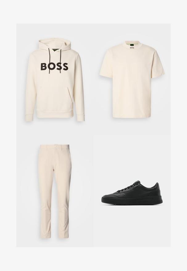 Crème kleurige hoodie met zwarte "BOSS" tekst op de borst, zwarte trekkoorden en een handige buidelzak aan de voorkant.; Crème kleurig T-shirt met korte mouwen en hoge kraag, met "BOSS" in het zwart gedrukt op de voorkant van de nek en op het binnenlabel.; Beige slim-fit broek met knoopsluiting, riemlussen en voorzakken, weergegeven op een effen witte achtergrond.; Zwarte sneaker met een glad leren bovenwerk, ronde neus, platte veters, gewatteerde kraag en minimalistisch design. Rubberen zool met een subtiel profiel.