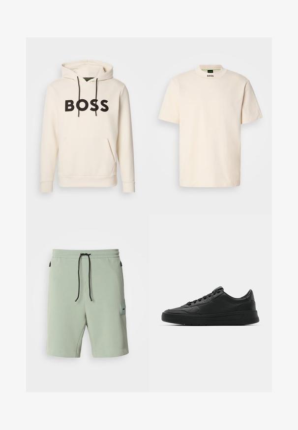 Kermakuvioinen huppari, jossa musta "BOSS" -teksti rinnassa, mustat narut ja etupuolella kengurupocket.; Kermanvärinen lyhythihainen T-paita korkean kauluksen kanssa, jossa on musta "BOSS" -teksti painettuna etukaulukseen ja sisäetikettiin.; Mint Vihreät lyhyet housut, jotka on valmistettu pehmeästä kankaasta, jossa on joustava vyötärö mustalla nyörillä ja sivutasku, jossa on logo-merkki.; Mustat lenkkitossut, joissa on sileä nahkapäällinen, pyöreä kärki, tasaiset nauhat, pehmustettu nilkka ja minimalistinen muotoilu. Kumia pohja, jossa on hillitty urakuvio.