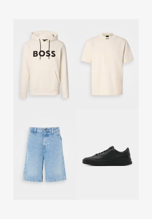 Sweatshirt creme com o texto "BOSS" em preto no peito, cordões pretos e um bolso tipo canguru na frente.; T-shirt de manga curta na cor creme com colarinho alto, apresentando "BOSS" impresso a negro na parte frontal do pescoço e na etiqueta interior.; Calções de ganga azul claro com corte reto, apresentando cinco bolsos, um fecho de botão à frente e um ligeiro desbotamento ao longo do tecido.; Sapatilha preta com parte superior em couro liso, bico arredondado, cadarços planos, colarinho almofadado e design minimalista. Sola de borracha com padrão de tração discreto.