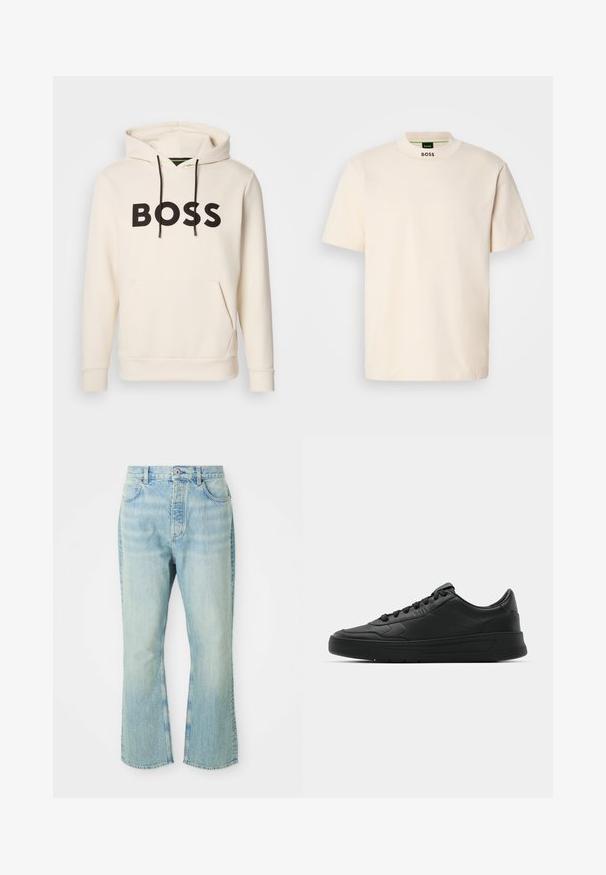 Krämfärgad huvtröja med svart "BOSS"-text på bröstet, svarta dragsnören och en framficka i känguru-stil.; Krämfärgad kortärmad t-shirt med hög krage, med "BOSS" tryckt i svart på framsidan av halsringningen och inuti etiketten.; Ljust blå denimjeans med utsvängda ben och hög midja, med fem fickor, bälteslänger och en urtvättad textur.; Svart sneaker med slät läderöverkänsla, rund tå, platta snören, vadderad krage och minimalistisk design. Gummisula med subtilt mönster.