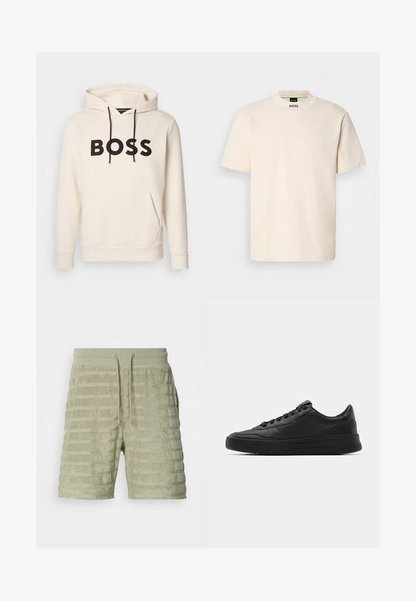 Krēmkrāsas kapuce ar melnu "BOSS" tekstu uz krūtīm, melniem auklām un priekšējo kangaru kabatu.; Krēmkrāsas īsām piedurknēm T-krekls ar augstu apkakli, uz kura priekšpuses un iekšējā etiketē ir melnā krāsā izdrukāts "BOSS".; Gaišzaļi frotē šorti ar horizontālu svītru tekstūru, regulējamu aukliņu viduklī un brīvu piegriezumu.; Melnās kedas ar gludu ādas augšpusi, apaļu purngalu, plakaniem šņorēm, mīkstinātu apkakli un minimālistisku dizainu. Gumijas zole ar smalku rakstu.