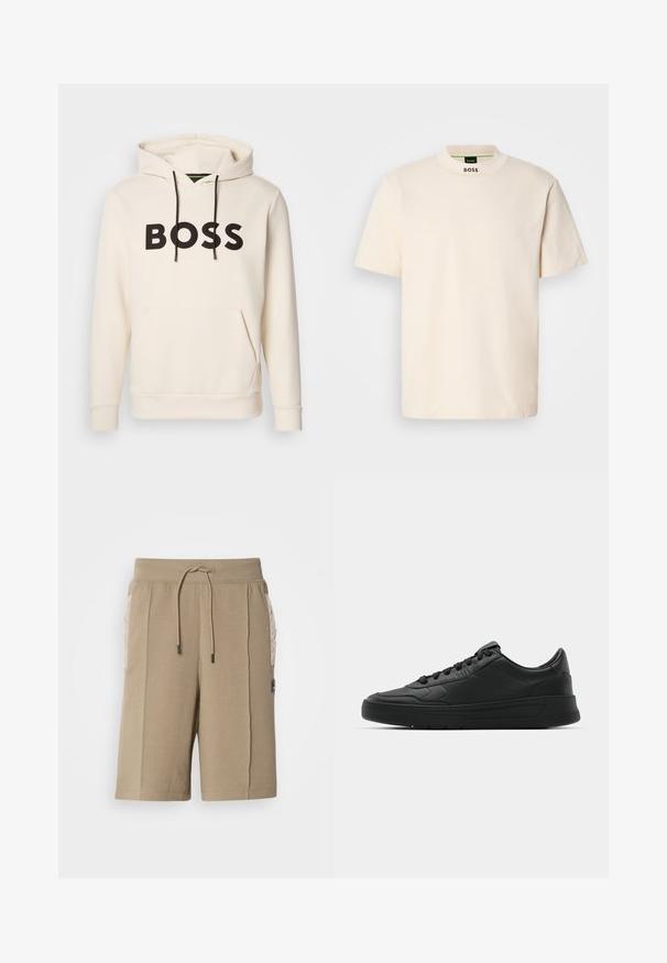 Cremefarvet hoodie med sort "BOSS" tekst på brystet, sorte snore og en front kangaroo lomme.; Kremfarvet kortærmet T-shirt med høj krave, med "BOSS" trykt i sort på forsiden af kraven og indvendigt på mærket.; Beige bomuldsshorts med elastisk talje og snor. Har quiltede sidelommer og et logo-patch på forsiden.; Sort sneakers med glat læderoverdel, rund tå, flade snørebånd, polstret krave og minimalistisk design. Gummisål med subtilt mønster.