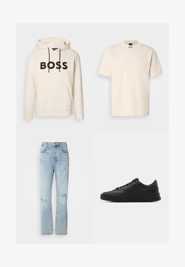 Kremfarget hettegenser med svart "BOSS" tekst på brystet, svarte snorer og en kengurulomme foran.; Kremfarget kortermet T-skjorte med høy krage, med "BOSS" trykket i svart på den fremre kragen og på innermetikk.; Lys blå denimjeans med en avslappet passform, med slitte områder og frynsete kanter. Stoffet har en myk, jevn tekstur.; Sorte sneakers med glatt skinnøvre, rund tå, flate lisser, polstret krage og minimalistisk design. Gummisåle med subtilt mønster.