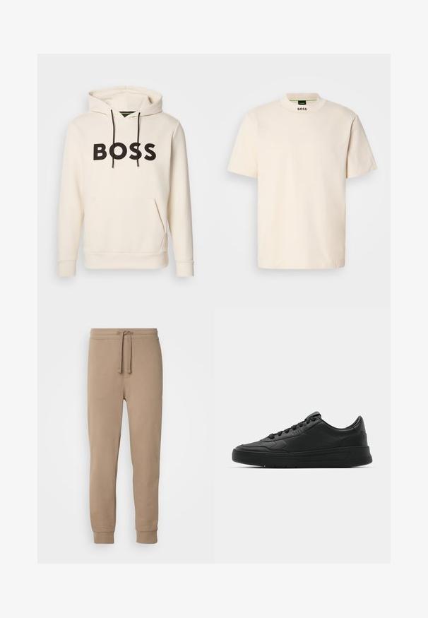 Krémová mikina s kapucňou a čiernym textom "BOSS" na hrudi, čiernymi šnúrkami a prednou kengurou vreckom.; Krémové tričko s krátkym rukávom a vysokým golierom, s nápisom "BOSS" potlačeným čiernou farbou na prednom krku a vo vnútornom štítku.; Béžové bavlnené tepláky s elastickým pásom, šnúrkou, bočnými vreckami a rebrovanými manžetami, s hladkou textúrou a zúženým strihom.; Čierne tenisky s hladkým koženým zvrškom, okrúlym špičkou, plochými šnúrkami, polstrovaným golierom a minimalistickým dizajnom. Gumená podrážka s jemným vzorom behúňa.
