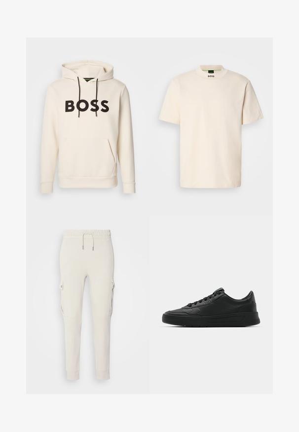 Cremefarvet hoodie med sort "BOSS" tekst på brystet, sorte snore og en front kangaroo lomme.; Kremfarvet kortærmet T-shirt med høj krave, med "BOSS" trykt i sort på forsiden af kraven og indvendigt på mærket.; Lys beige cargo bukser lavet af blød bomuld, med elastisk talje, sidelommer og snævre manchetter. Enkel design med funktionelle detaljer.; Sort sneakers med glat læderoverdel, rund tå, flade snørebånd, polstret krave og minimalistisk design. Gummisål med subtilt mønster.