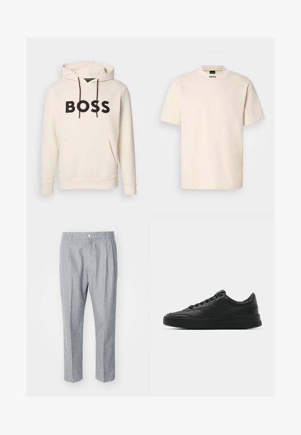 Krém színű kapucnis pulóver fekete "BOSS" felirattal a mellrészen, fekete húzózsinórokkal és egy elülső kenguruzsebbek.; Krémszínű, rövid ujjú póló, magas gallérral, amelyen a "BOSS" felirat fekete színben látható az elülső nyakrészén és a belső címkén.; Szürke csíkos nadrág, rakott elülső résszel, könnyű anyagból készült. Gombos záródással és egyenes szárú fazonnal rendelkezik.; Fekete sneaker sima bőr felsőrésszel, kerek orral, lapos fűzőkkel, párnázott nyakkal és minimalista dizájnnal. Gumi talp finom profillal.