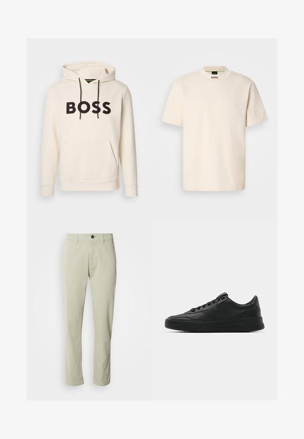 Cream-colored hoodie with black "BOSS" text on the chest, black drawstrings, and a front kangaroo pocket.; Cream-colored short-sleeve T-shirt with a high collar, featuring "BOSS" printed in black on the front neck and inside label.; Beige cotton chinos with a straight cut, zipper fly, and a single button closure. Features belt loops and a smooth texture.; Black sneaker with smooth leather upper, round toe, flat laces, cushioned collar, and minimalistic design. Rubber sole with subtle tread pattern.