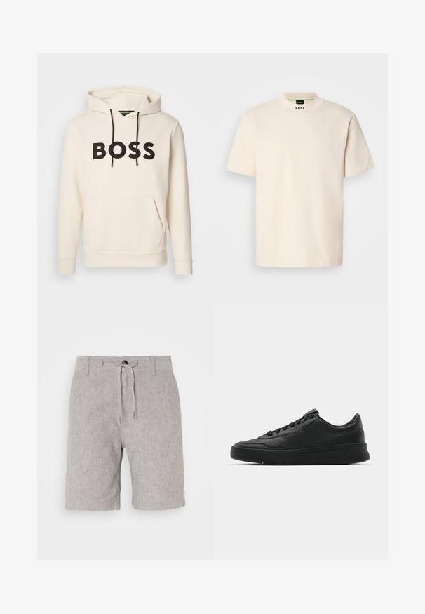Kreminės spalvos džemperis su juodu "BOSS" tekstu ant krūtinės, juodomis pavadėlėmis ir priekinėmis kengūros kišenėmis.; Kreminės spalvos trumpas rankovės marškinėliai su aukštu apykakle, ant kurių priekyje kaklo ir vidinėje etiketėje juodu spalva yra užrašas "BOSS".; Šviesiai pilki lininiai šortai su raišteliu, tiesaus kirpimo ir subtilia tekstūra. Yra vienas mygtuko užsegimas ir apversti kraštai.; Juodi sportiniai batai su lygia odine viršutine dalimi, apvaliu pirštu, plokščiomis raišteliais, pagaminta su paminkštinta apykakle ir minimalizmo dizainu. Guma padais su subtilia protektoriaus raštu.