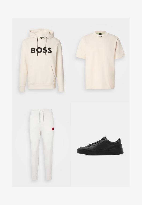 Kermakuvioinen huppari, jossa musta "BOSS" -teksti rinnassa, mustat narut ja etupuolella kengurupocket.; Kermanvärinen lyhythihainen T-paita korkean kauluksen kanssa, jossa on musta "BOSS" -teksti painettuna etukaulukseen ja sisäetikettiin.; Valkoiset jogger-housut, joissa on kiristysnauha vyötäröllä, ribbikuvioiset hihansuut ja punainen logopainatus vasemmassa reidessä. Pehmeä kangas ja kapea leikkaus.; Mustat lenkkitossut, joissa on sileä nahkapäällinen, pyöreä kärki, tasaiset nauhat, pehmustettu nilkka ja minimalistinen muotoilu. Kumia pohja, jossa on hillitty urakuvio.