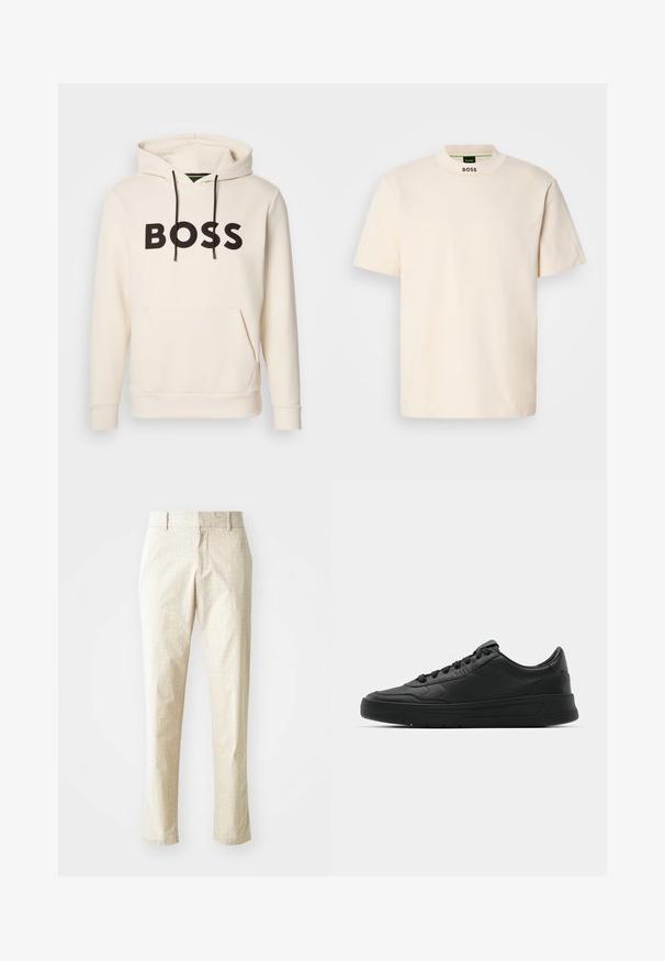 Kremfarget hettegenser med svart "BOSS" tekst på brystet, svarte snorer og en kengurulomme foran.; Kremfarget kortermet T-skjorte med høy krage, med "BOSS" trykket i svart på den fremre kragen og på innermetikk.; Lysbeige skreddersydde bukser med en teksturert overflate, rett benpassform og middels høy midje, med beltehemper og ingen synlige lommer.; Sorte sneakers med glatt skinnøvre, rund tå, flate lisser, polstret krage og minimalistisk design. Gummisåle med subtilt mønster.