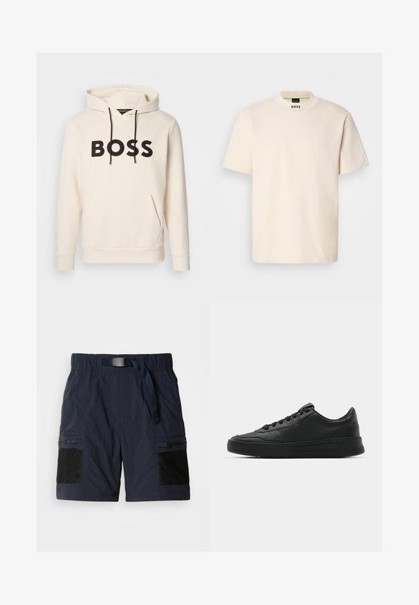 Sweatshirt creme com o texto "BOSS" em preto no peito, cordões pretos e um bolso tipo canguru na frente.; T-shirt de manga curta na cor creme com colarinho alto, apresentando "BOSS" impresso a negro na parte frontal do pescoço e na etiqueta interior.; Calções azul-marinho com um acabamento texturizado, cintura elástica com cinto, fechos laterais e detalhes em malha preta nos bolsos. Design leve.; Sapatilha preta com parte superior em couro liso, bico arredondado, cadarços planos, colarinho almofadado e design minimalista. Sola de borracha com padrão de tração discreto.